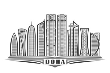 Obraz premium Vector illustration of Doha, monochrome horizontal poster with linear design famous doha city scape, urban line art concept with unique decorative lettering for black word doha on white background.