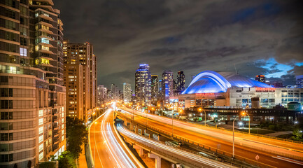 Title: Toronto, Ontario Canada- September, 1 2020, The Toronto skyline looking out towards the Gardiner Expressway.

