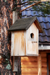 Rough handmade birdhouse on the tree in the garden. Animal themes backgrounds