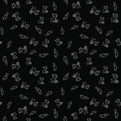 White scooters and toy cars against black background. Vector seamless pattern
