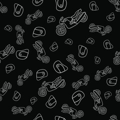 White motorcycle and helmets on a black background. Vector seamless pattern