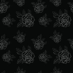 White roses on a black background. Vector seamless pattern