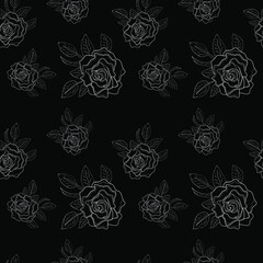 White roses on a black background. Vector seamless pattern