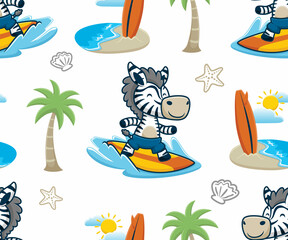 Seamless pattern vector of zebra surfing with summer beach vacation elements cartoon