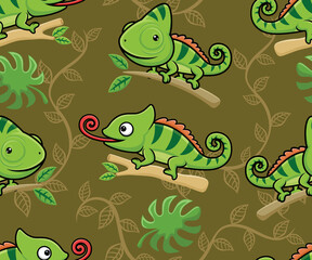 Seamless pattern vector of chameleon cartoon on tree branches © Bhonard21