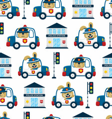 Seamless pattern vector of funny animals driving police car with police elements cartoon