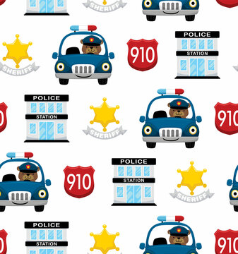 Seamless pattern vector of funny bear driving police car with police elements cartoon
