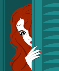 Beautiful woman hidding behind door