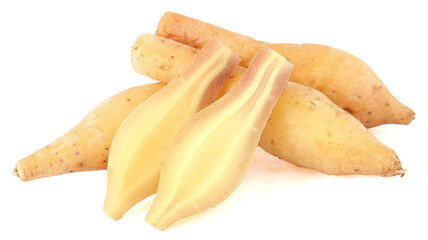 Finger root (Krachai, Kaempferia) and half isolated on white background, herb.