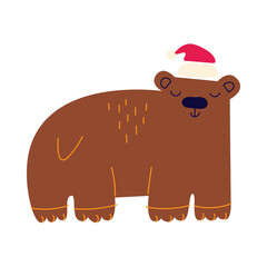 Happy cute bear Santa. Merry Christmas, Happy New Year cartoon festive illustration. Vector