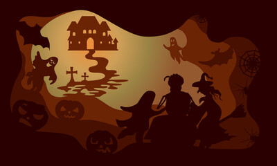 Vector dark brown Halloween illustration with ghosts, witch, zombies, pumpkins, spiders, bats.