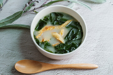 Korean style seaweed soup with dried pollack, 'hwangtae miyeok guk'