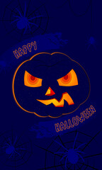 Vector halloween pumpkin on a dark blue background with cobwebs and spiders, made in a cut paper style.