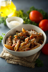 Homemade pasta with tomato sauce, parsley and cheese