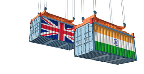 Freight containers with India and United Kingdom national flags. 3D Rendering 