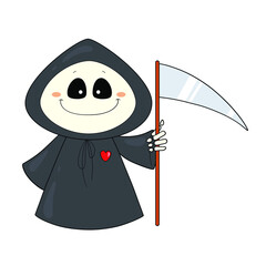 Cute little character death with a scythe, a gloomy priest in a black cloak with a spear and a red heart for your design for the Halloween holiday. Monster. Skeleton. Painting. Vector illustration 
