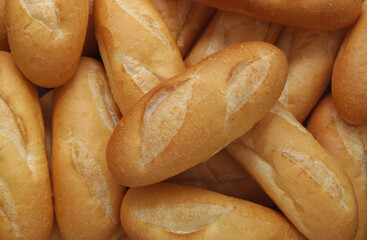 Many fresh wheat bread buns as background