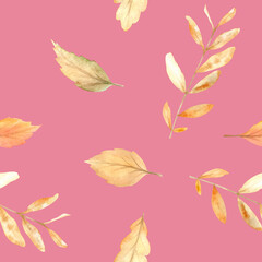 Watercolor autumn seamless pattern with hand painted cozy symbols of fall season.
