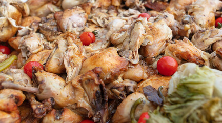 Fried chicken meat in a restaurant.