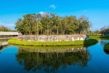 Fototapeta premium Scenic view of trees over concrete embankment reflecting on lake water surface with bridge in the background