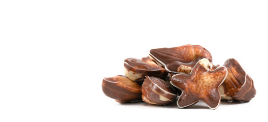 various chocolate pralines isolated on white background