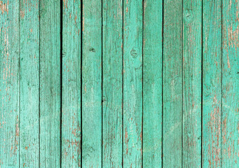 Fototapeta na wymiar Texture of wooden planks with peeling turquoise blue color paint. Detailed background photo texture.