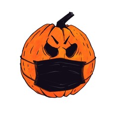 Pumpkin head wearing face mask.  Halloween festival in Covid-19. Coronavirus and party. Isolated on a white background. Illustration. Invitation design.