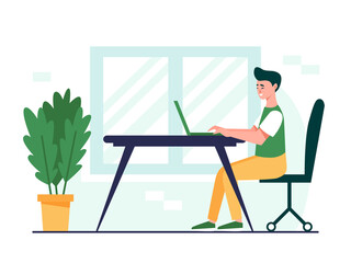 Working man concept design. Man sitting at the desk and working on the laptop computer.