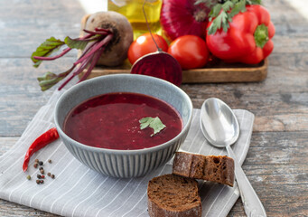 Beetroot soup on a rustic kitchen