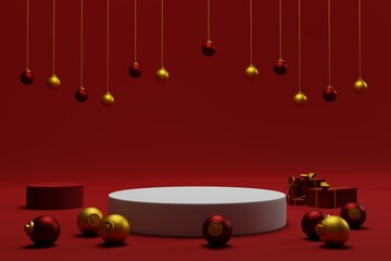 3d podium christmas background with red color