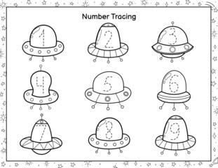 Trace numbers black and white activity page for kids. Space handwriting practice worksheet. Coloring page for preschool. Vector illustration