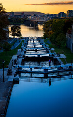 the Rideau Canal in Ottawa at sunset seen from the Plaza bridge