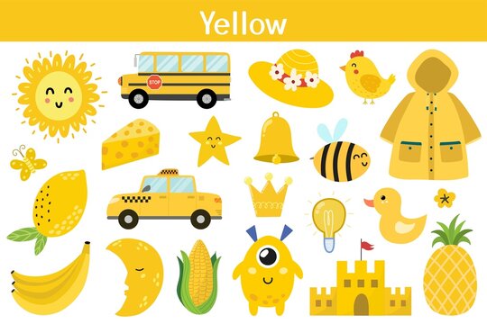Yellow color objects set. Learning colors for kids. Cute elements collection. Educational background. Vector illustration