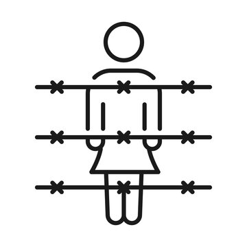 Monochrome woman prisoner at barbed wire line icon vector illustration criminal offender behind bars