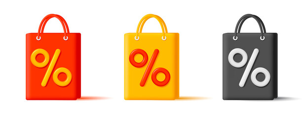 Set of 3d shopping bags with big percent sign in three colors