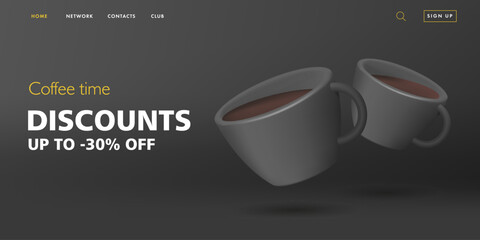 web banner for cafe with black cups with coffee 3d render illustration and discounts promo