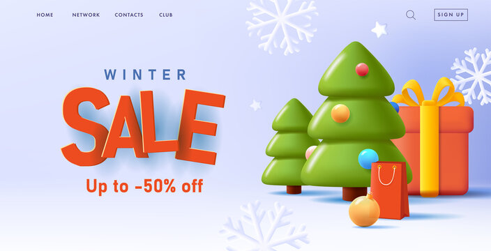Christmas sale bannerwith 3d render composition of Christmas tree with gift box, shopping bag and balls, big 3d sign for sale and discounts