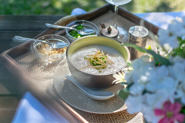Fresh and delicious Asian breakfast outdoor in the morning at the resort in Chiangmai, Thailand....