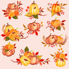 watercolor pumpkin floral autumn arrangement 