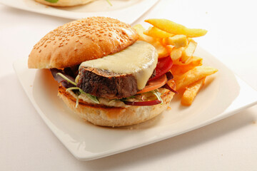  hamburguesa de carne con queso fundido y verduras acompañado de patatas fritas. beef burger with melted cheese and vegetables accompanied by fries.
