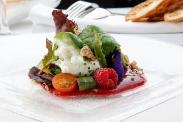 Ensalada de verdura con flores y fruta, con salsa de frambuesa.  Vegetable salad with flowers and fruit, with raspberry sauce