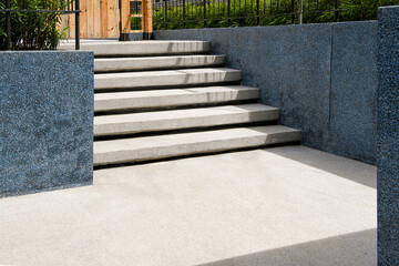 Outdoor steps with terrazzo material. Flooring and Wall with terrazzo materials. Garden decoration.