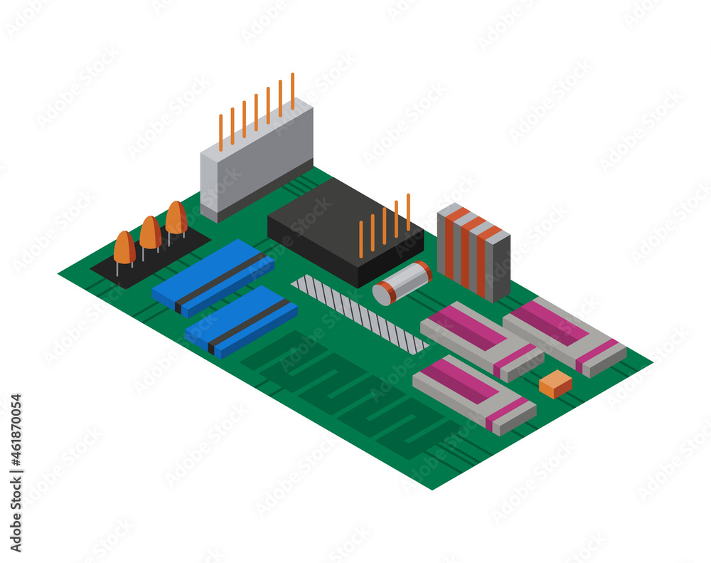 Aufkleber isometric circuit board with electronic components. computer chip technology processor circuit and c