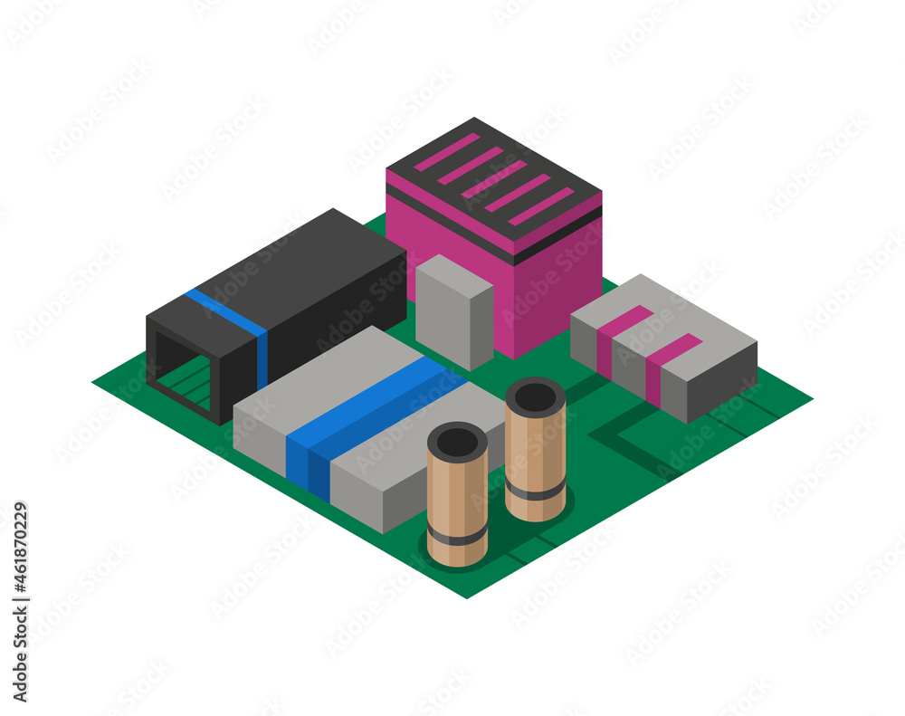 Aufkleber isometric circuit board with electronic components. computer chip technology processor circuit and c