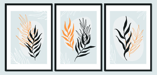 Retro wall art set of 3 printable minimalist print. Abstract geometric leaves. Wall art for bedroom, living room and office decor. Hand draw vector design elements.