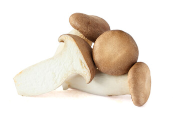 Oringi mushroom or royal oyster mushroom, halved on a white background.