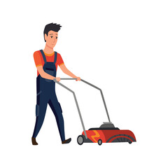 Professional gardener worker mowing lawn with electric push-mower in backyard. Male handyman cutting grass in garden. Colored flat cartoon  illustration professional worker