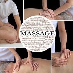 Female Sports Massage Therapist Collage Word Cloud - Four different massage techniques images with...