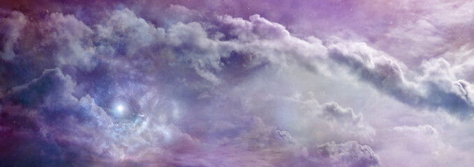 Enchanting romantic Purple Pink Sky Scape Message Banner - wide cloudscape of a beautiful delicate...