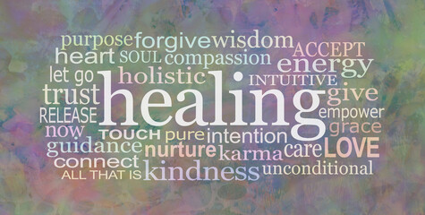 Rustic Healing Words Screen Saver - multicoloured grunge stone textured word cloud associated with healing theme  Wall Art Canvas panel ideal for a holistic therapist's healing room
